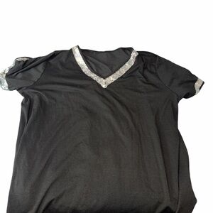Black V-Neck Short Sleeve Top with Silver Sequin Trim